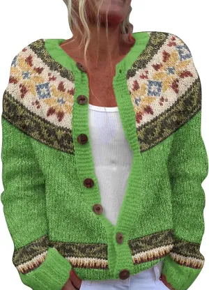 Womens Fair Isle Pattern Cardigan Sweater Vintage Ethnic Knit Holiday Fashion Tops Open Front Cardigan Outerwear