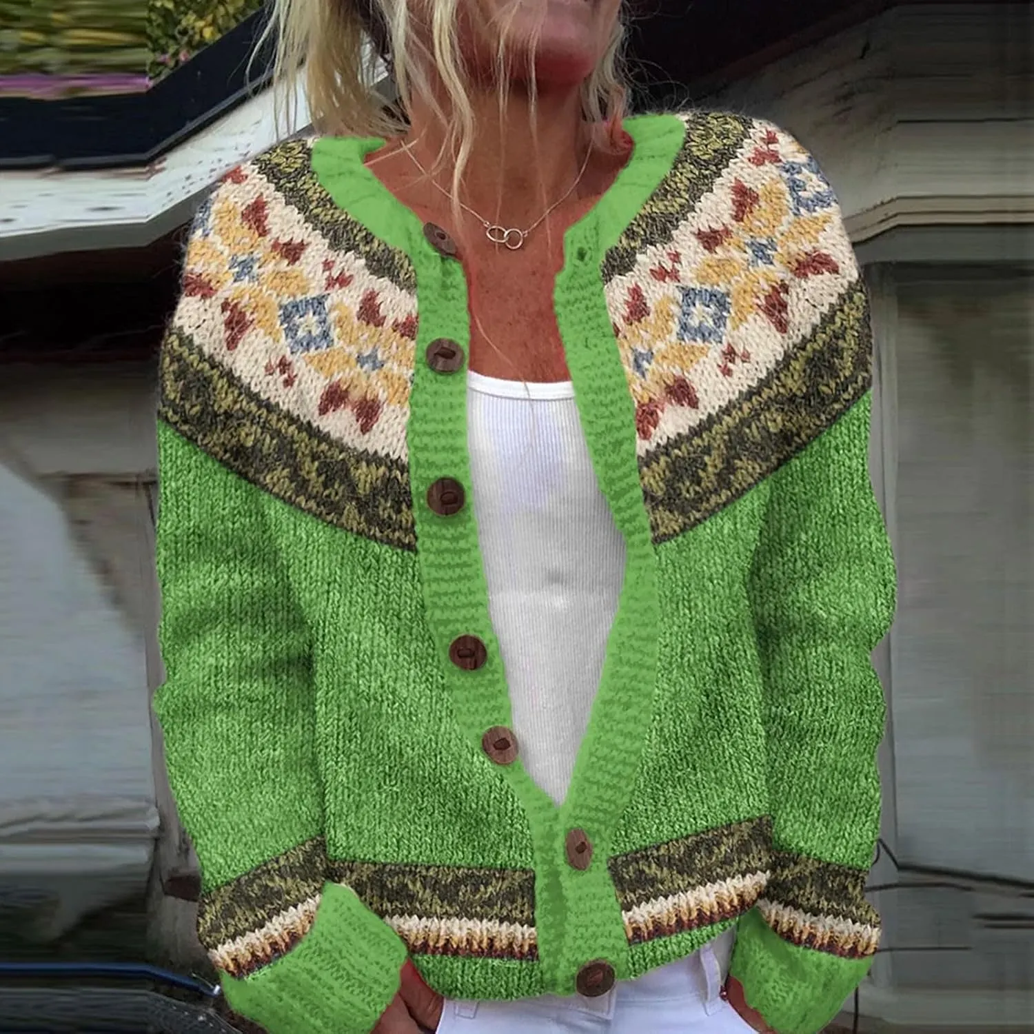 Womens Fair Isle Pattern Cardigan Sweater Vintage Ethnic Knit Holiday Fashion Tops Open Front Cardigan Outerwear