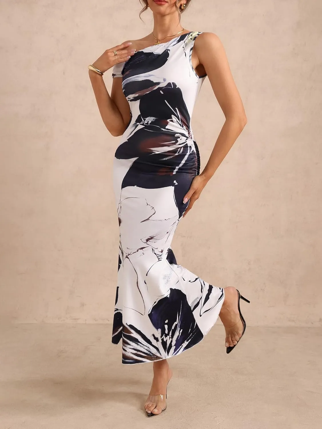 Women's Floral Print Asymmetrical Neck Dress Ruched Sleeveless Fishtail Bodycon Maxi Elegant Dresses