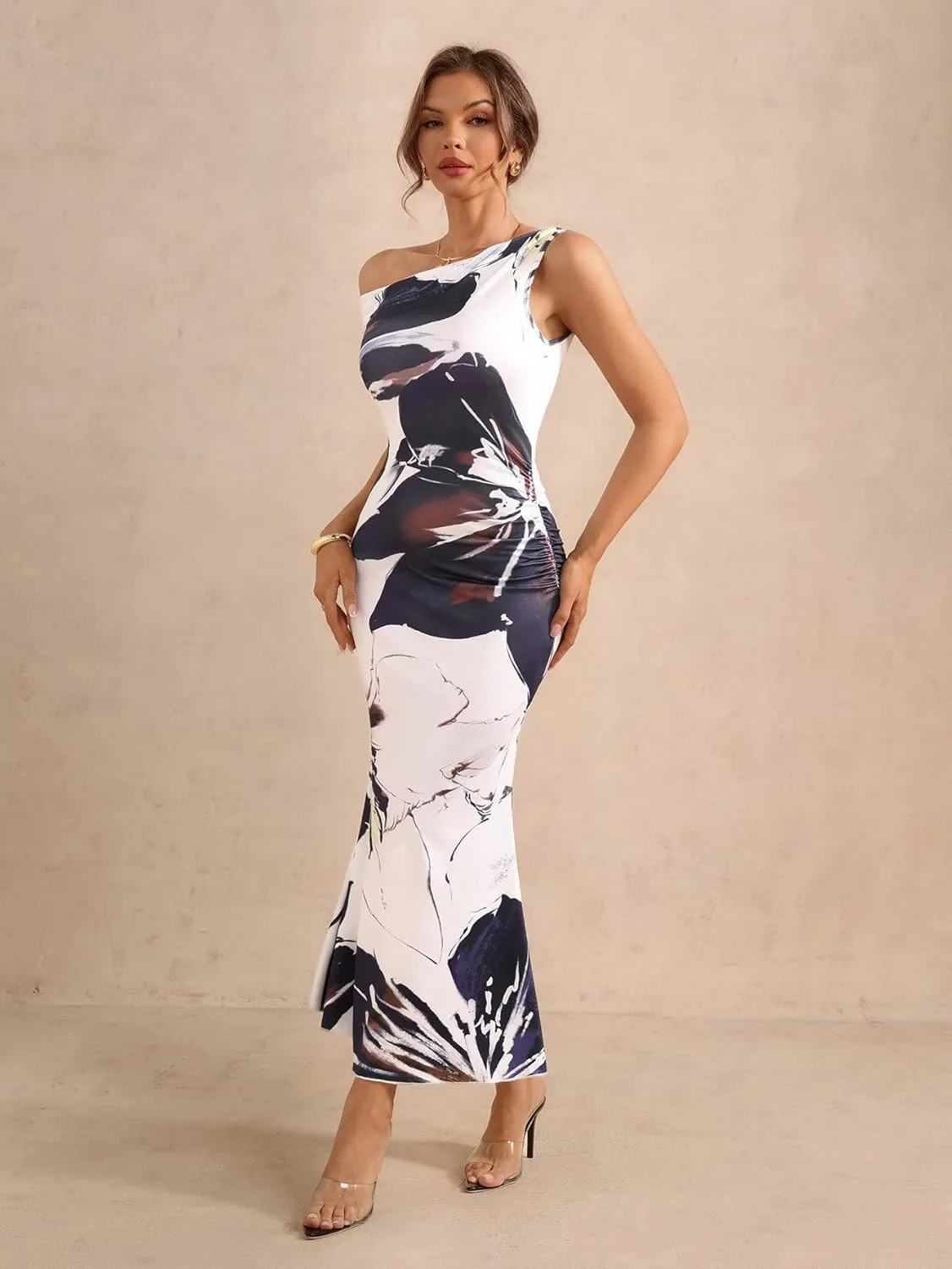Women's Floral Print Asymmetrical Neck Dress Ruched Sleeveless Fishtail Bodycon Maxi Elegant Dresses