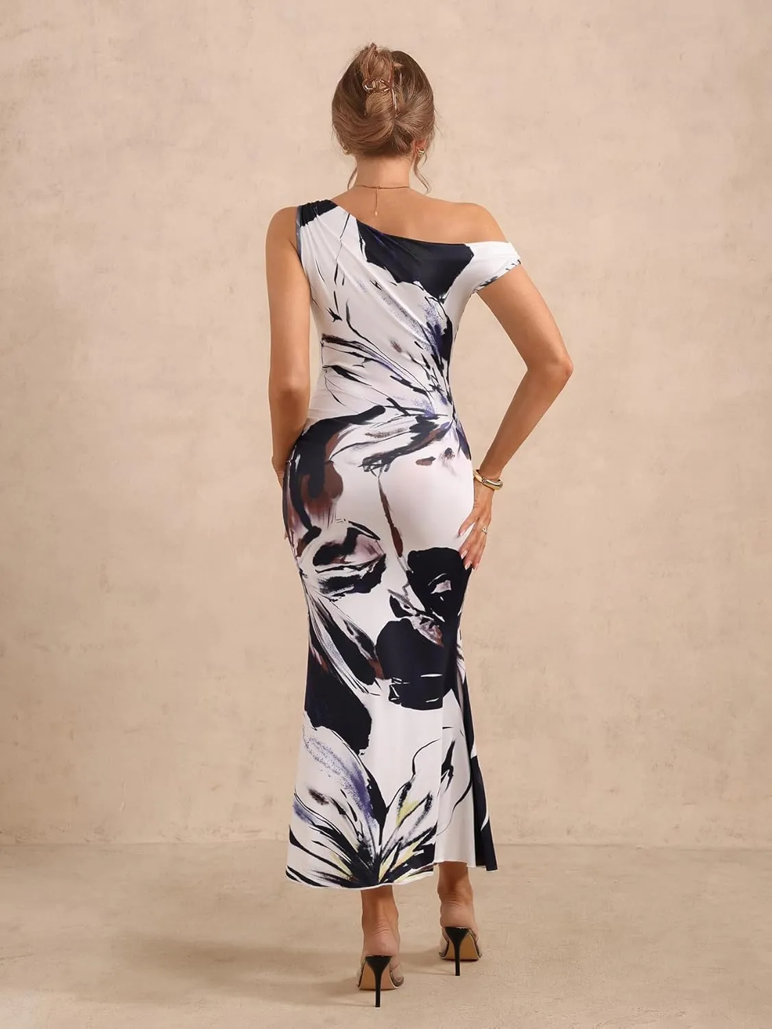 Women's Floral Print Asymmetrical Neck Dress Ruched Sleeveless Fishtail Bodycon Maxi Elegant Dresses