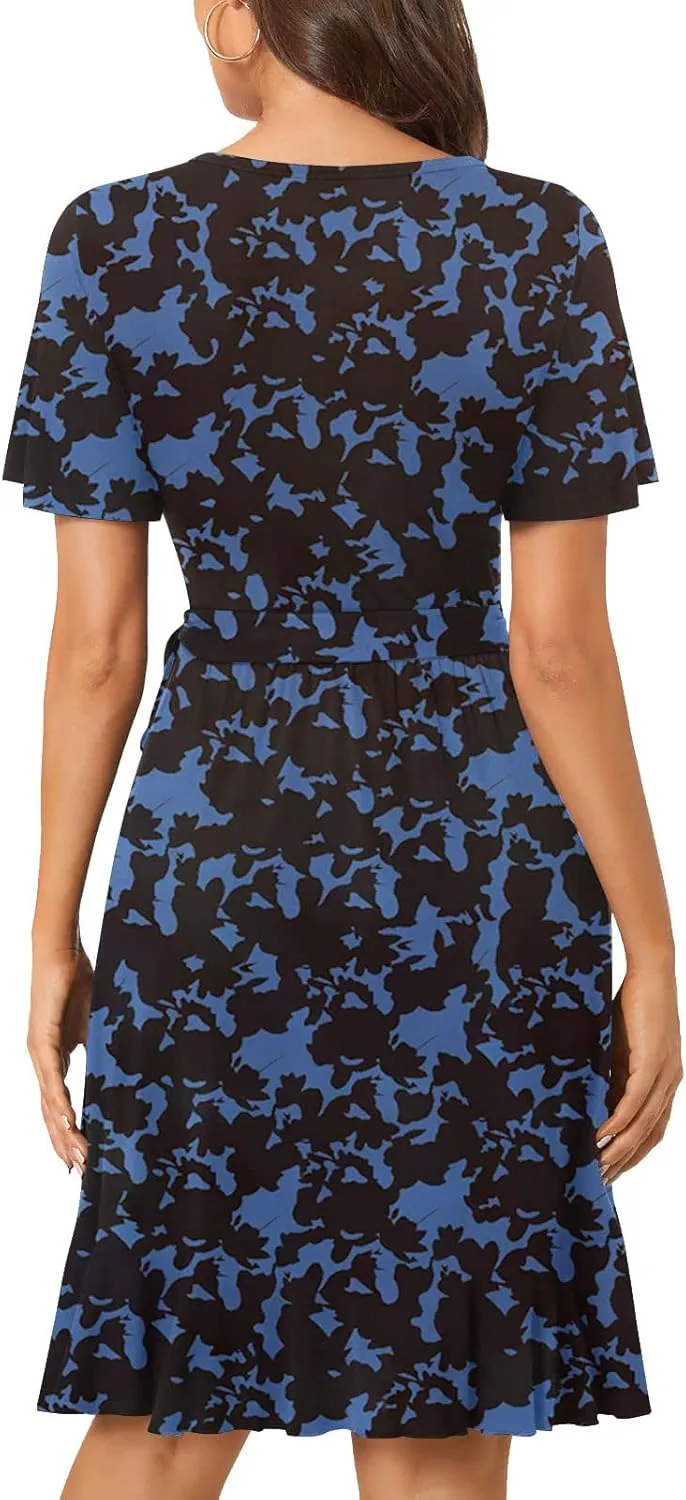 Women's Floral Print Wrap Dress Short Sleeve Aline Ruffle Dresses Asymmetrical Hem Swing Dress Boho Summer Dress with Belt