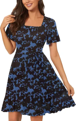Women's Floral Print Wrap Dress Short Sleeve Aline Ruffle Dresses Asymmetrical Hem Swing Dress Boho Summer Dress with Belt