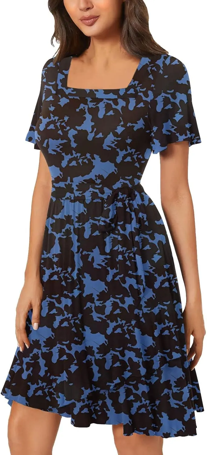Women's Floral Print Wrap Dress Short Sleeve Aline Ruffle Dresses Asymmetrical Hem Swing Dress Boho Summer Dress with Belt