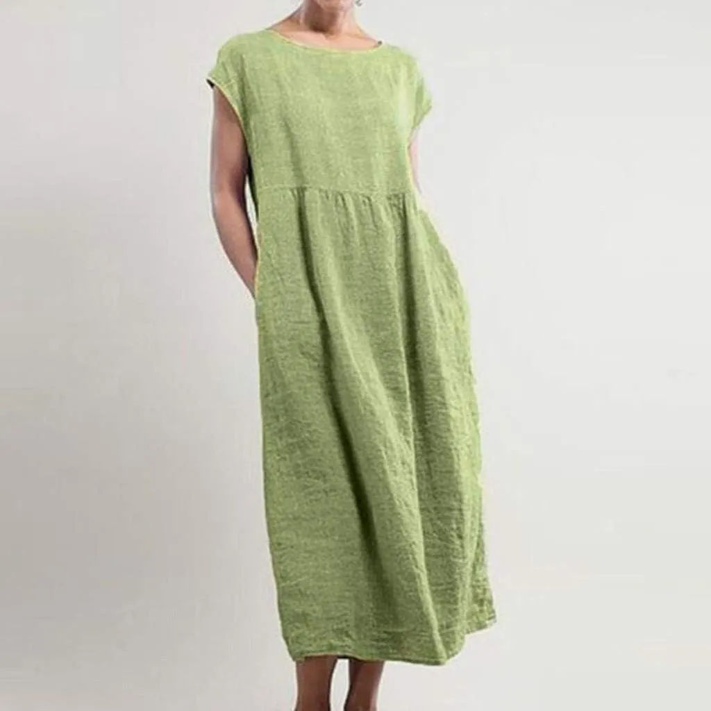 Womens Flowy Cotton Dress Spring Summer Short Sleeve Crewneck Baggy Dresses Linen Cotton Maxi Beach Vacation Skirts