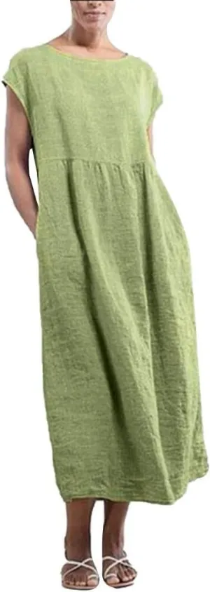 Womens Flowy Cotton Dress Spring Summer Short Sleeve Crewneck Baggy Dresses Linen Cotton Maxi Beach Vacation Skirts