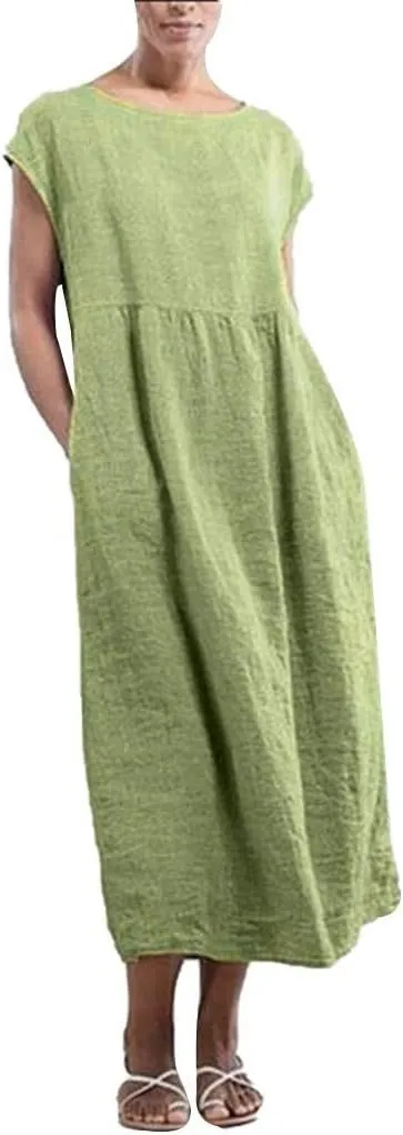 Womens Flowy Cotton Dress Spring Summer Short Sleeve Crewneck Baggy Dresses Linen Cotton Maxi Beach Vacation Skirts