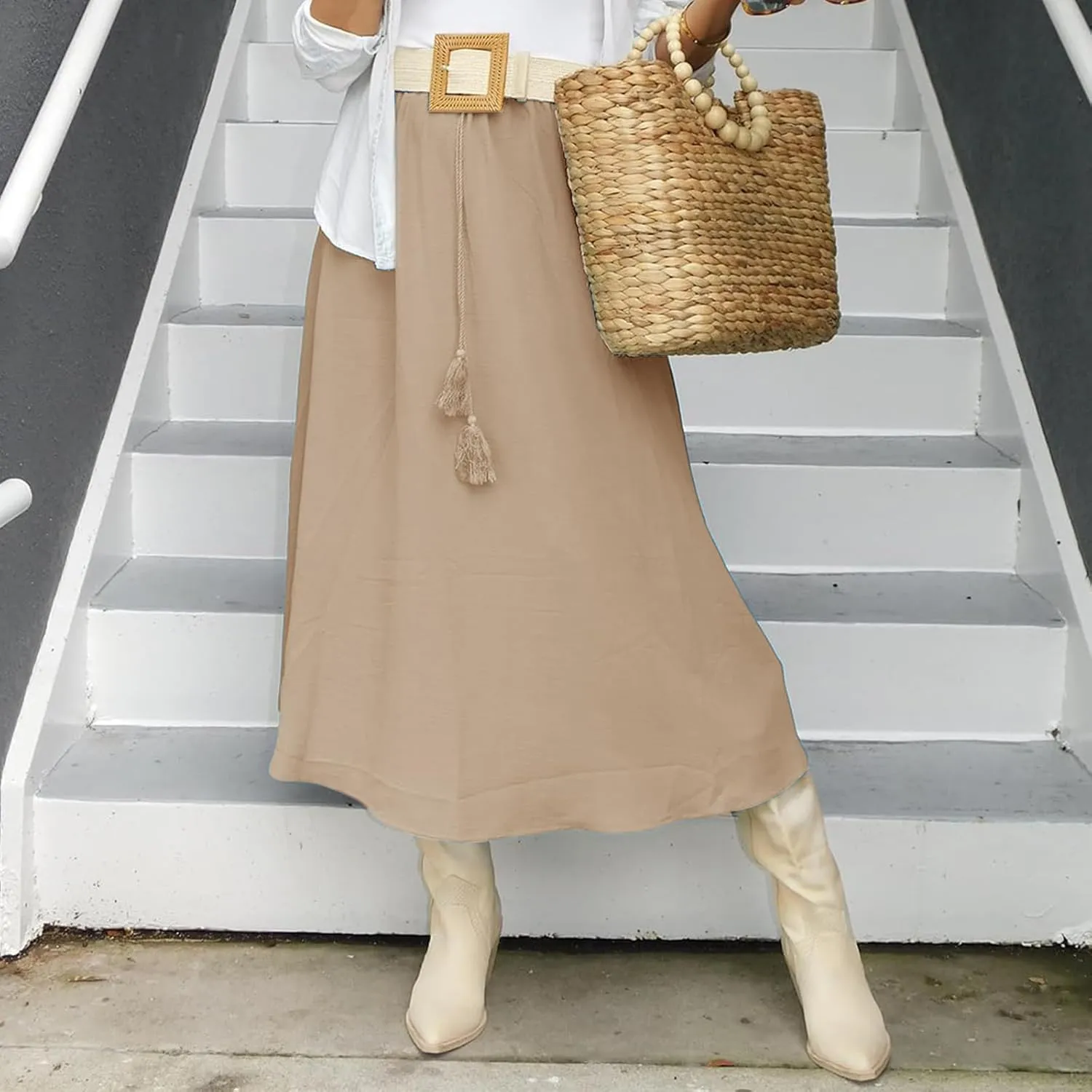 Womens Flowy Skirts Elastic High Waist A-Line Skirt Bohemia Casual Beach Long Skirts Summer Trendy Vacation Dress
