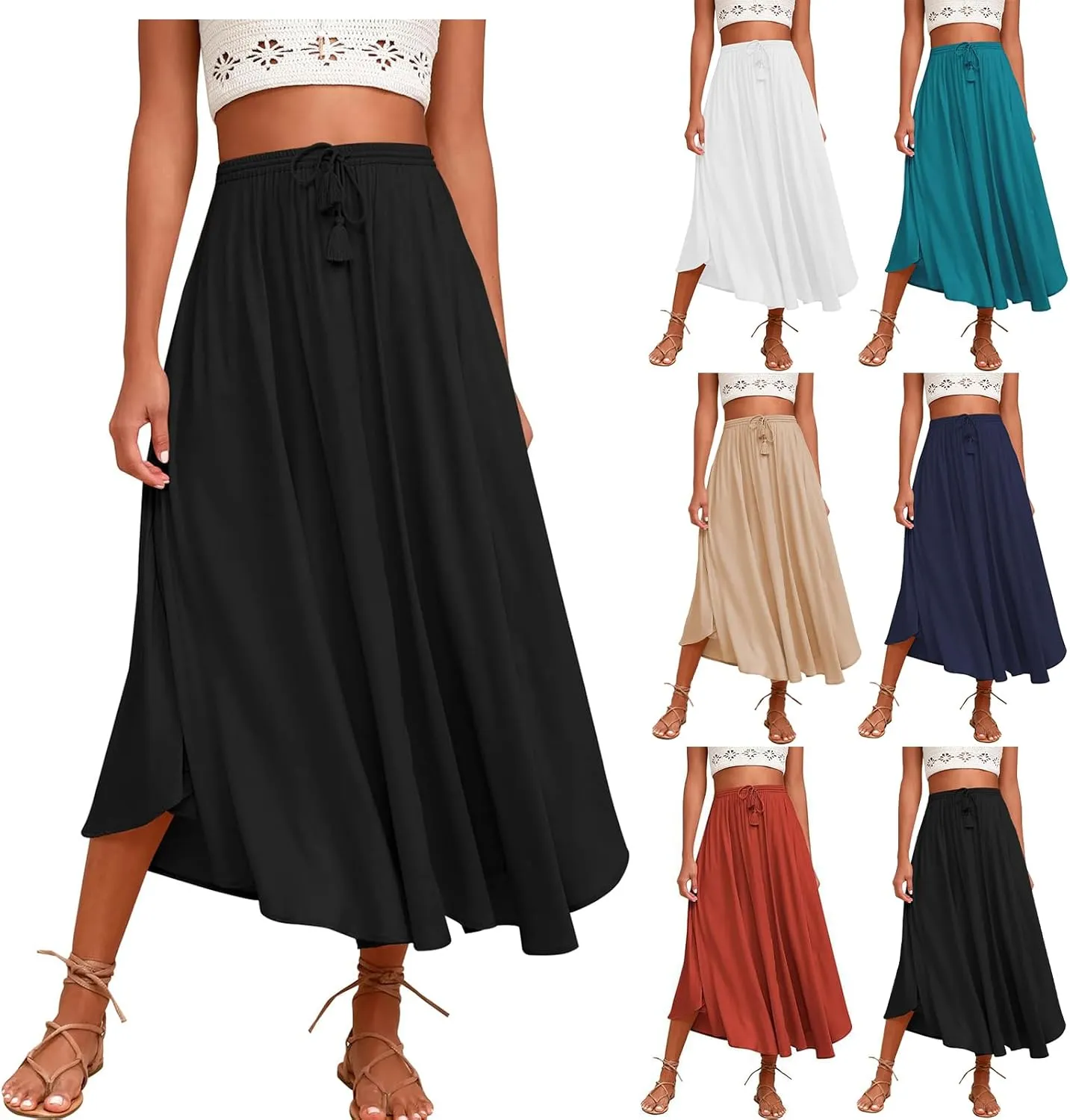 Womens Flowy Skirts Elastic High Waist A-Line Skirt Bohemia Casual Beach Long Skirts Summer Trendy Vacation Dress