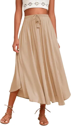 Womens Flowy Skirts Elastic High Waist A-Line Skirt Bohemia Casual Beach Long Skirts Summer Trendy Vacation Dress