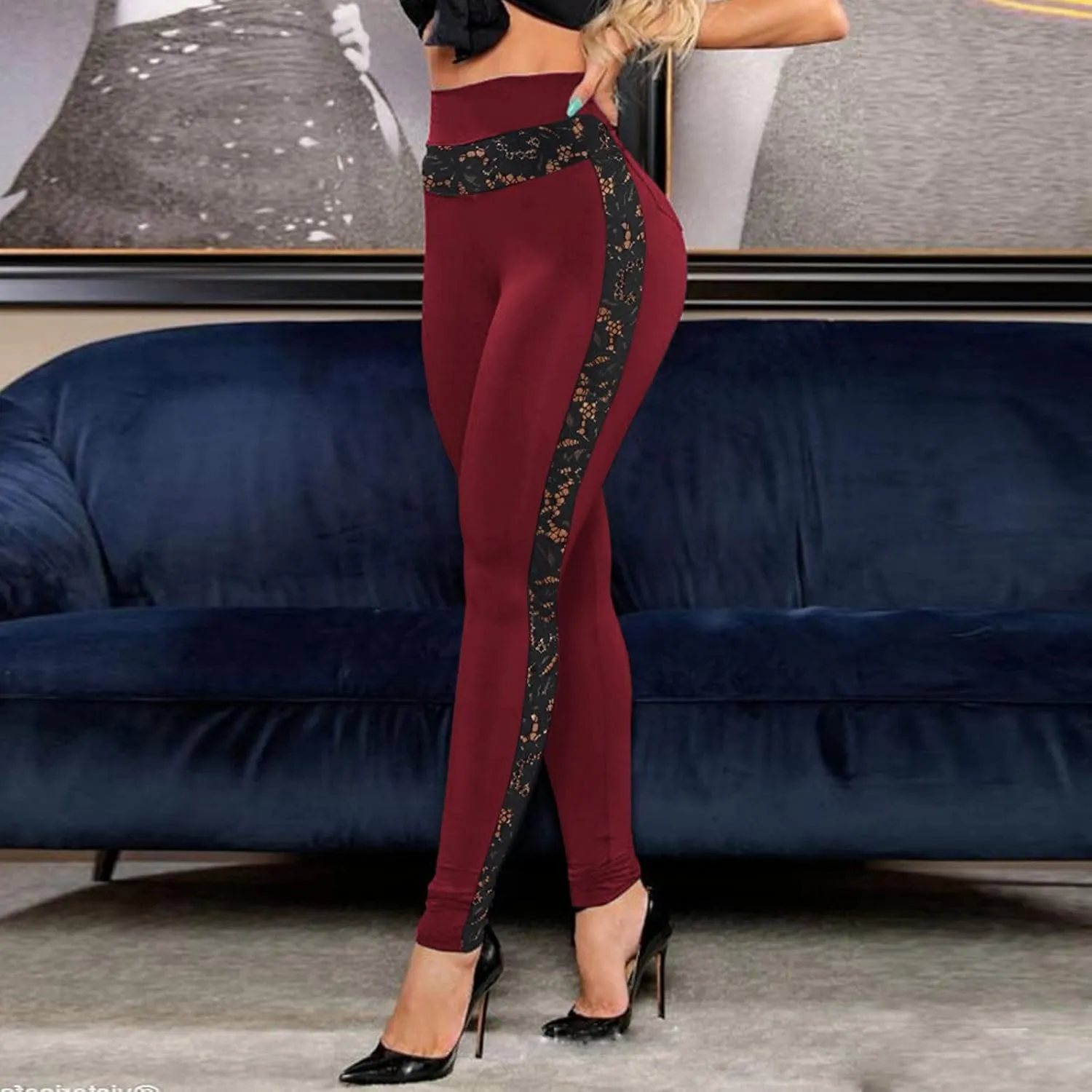 Women's Gothic Sexy Lace Leggings High Waist Club Casual Skinny Tight Pants Soft Elastic Biker Full Length Leggings
