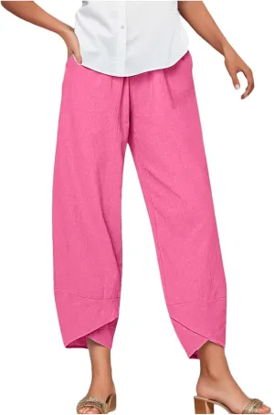 Women's Harem Linen Pants Casual Elastic Waist Tulip Hem Lounge Pants Summer Beach Straight Leg Pull On Trousers for Womens