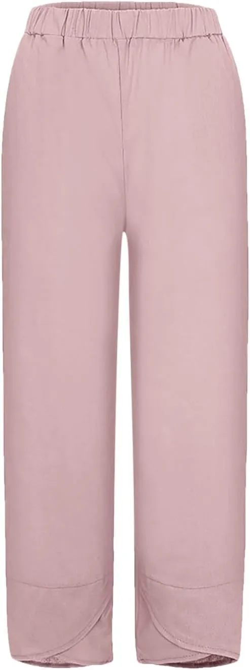 Women's Harem Linen Pants Casual Elastic Waist Tulip Hem Lounge Pants Summer Beach Straight Leg Pull On Trousers for Womens