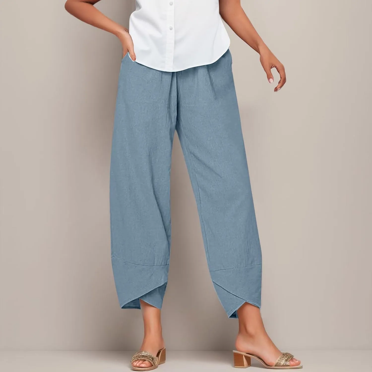 Women's Harem Linen Pants Casual Elastic Waist Tulip Hem Lounge Pants Summer Beach Straight Leg Pull On Trousers for Womens