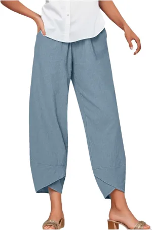 Women's Harem Linen Pants Casual Elastic Waist Tulip Hem Lounge Pants Summer Beach Straight Leg Pull On Trousers for Womens