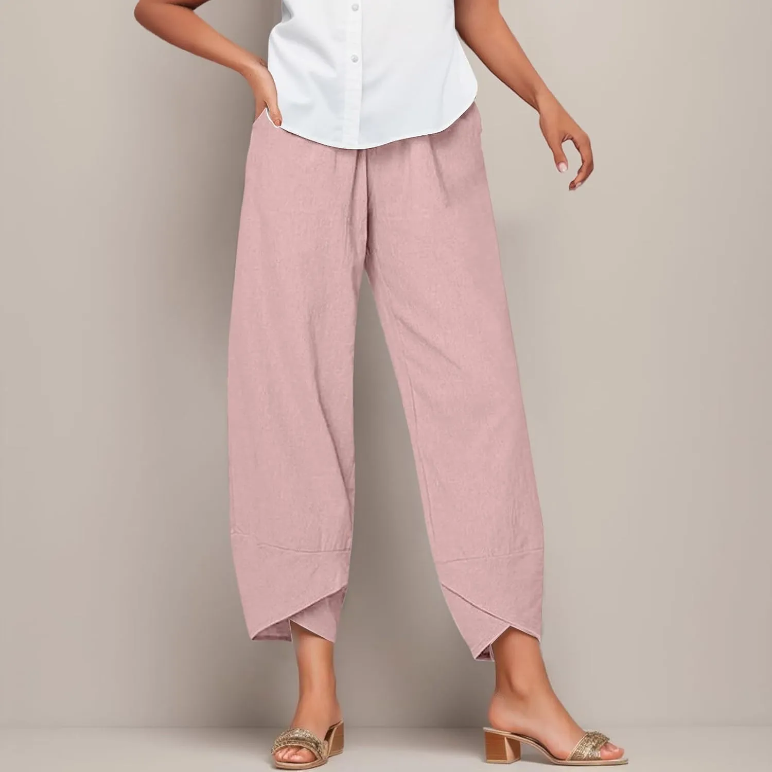 Women's Harem Linen Pants Casual Elastic Waist Tulip Hem Lounge Pants Summer Beach Straight Leg Pull On Trousers for Womens