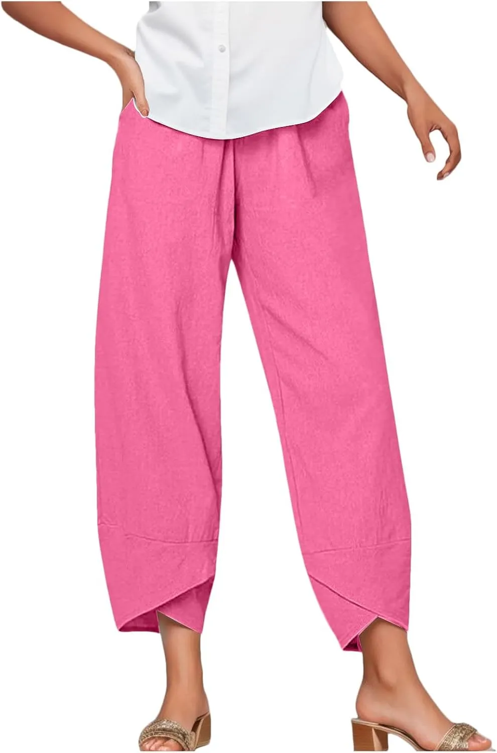 Women's Harem Linen Pants Casual Elastic Waist Tulip Hem Lounge Pants Summer Beach Straight Leg Pull On Trousers for Womens
