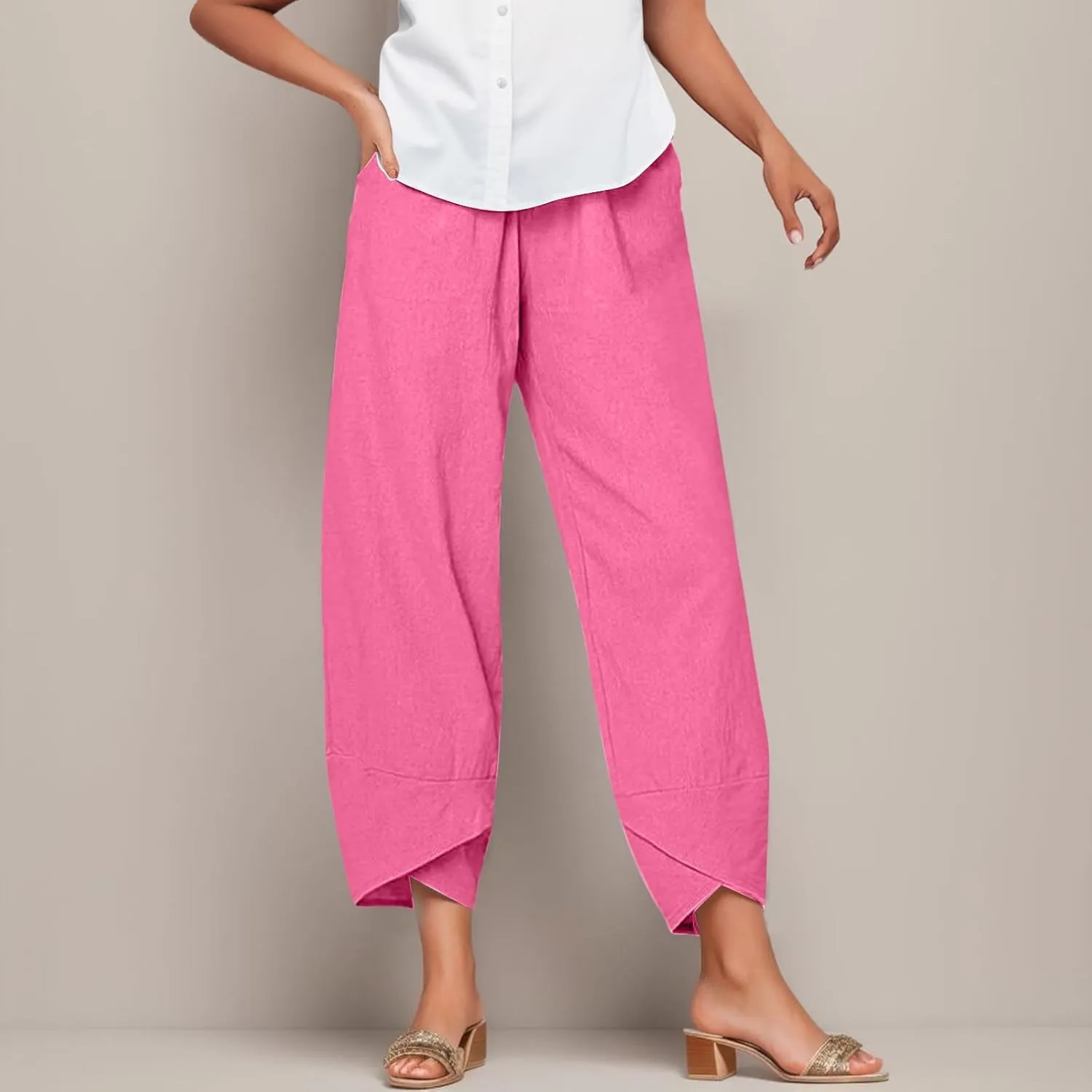 Women's Harem Linen Pants Casual Elastic Waist Tulip Hem Lounge Pants Summer Beach Straight Leg Pull On Trousers for Womens
