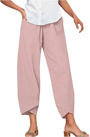Women's Harem Linen Pants Casual Elastic Waist Tulip Hem Lounge Pants Summer Beach Straight Leg Pull On Trousers for Womens