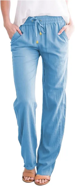 Womens High Waist Casual Linen Pants Drawstring Straight Leg Beach Pants Elastic Waist Lounge Trousers with Pockets
