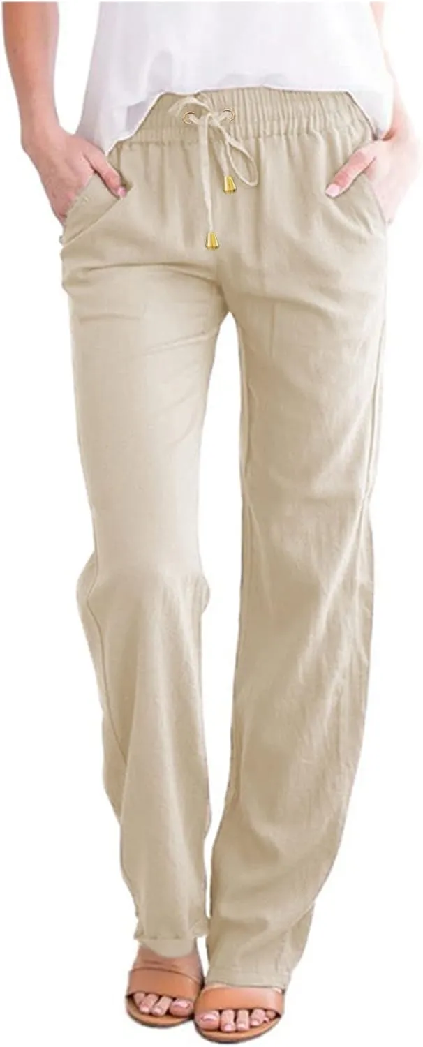 Womens High Waist Casual Linen Pants Drawstring Straight Leg Beach Pants Elastic Waist Lounge Trousers with Pockets