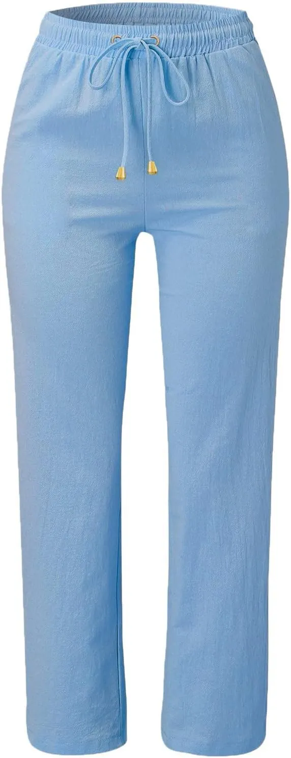 Womens High Waist Casual Linen Pants Drawstring Straight Leg Beach Pants Elastic Waist Lounge Trousers with Pockets