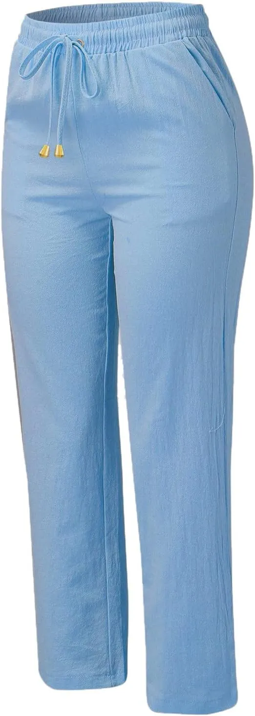 Womens High Waist Casual Linen Pants Drawstring Straight Leg Beach Pants Elastic Waist Lounge Trousers with Pockets
