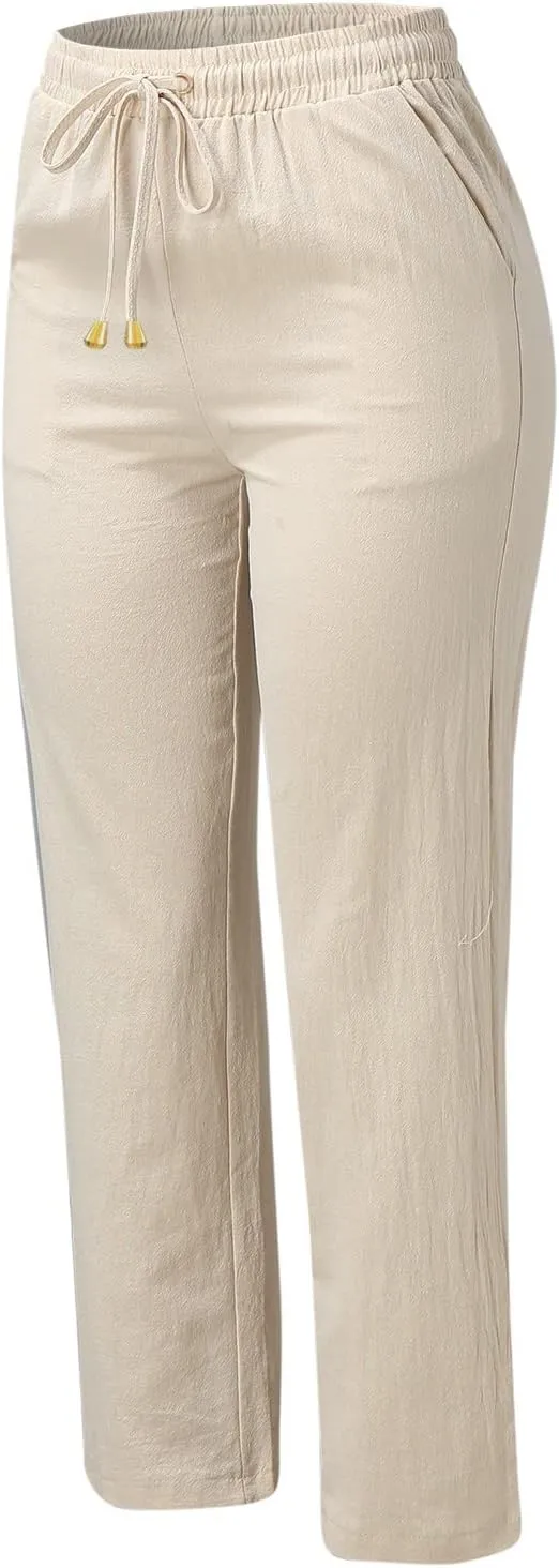 Womens High Waist Casual Linen Pants Drawstring Straight Leg Beach Pants Elastic Waist Lounge Trousers with Pockets