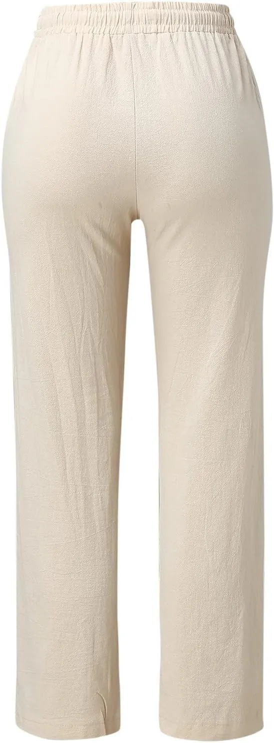Womens High Waist Casual Linen Pants Drawstring Straight Leg Beach Pants Elastic Waist Lounge Trousers with Pockets