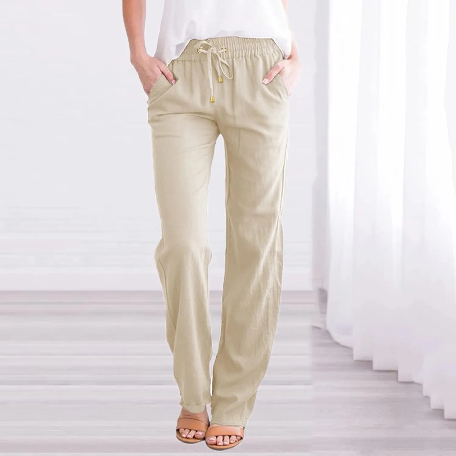Womens High Waist Casual Linen Pants Drawstring Straight Leg Beach Pants Elastic Waist Lounge Trousers with Pockets