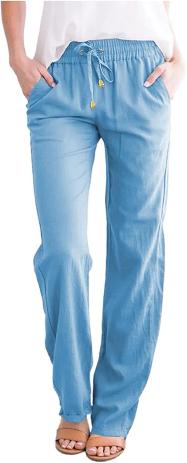 Womens High Waist Casual Linen Pants Drawstring Straight Leg Beach Pants Elastic Waist Lounge Trousers with Pockets