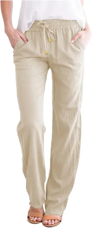 Womens High Waist Casual Linen Pants Drawstring Straight Leg Beach Pants Elastic Waist Lounge Trousers with Pockets