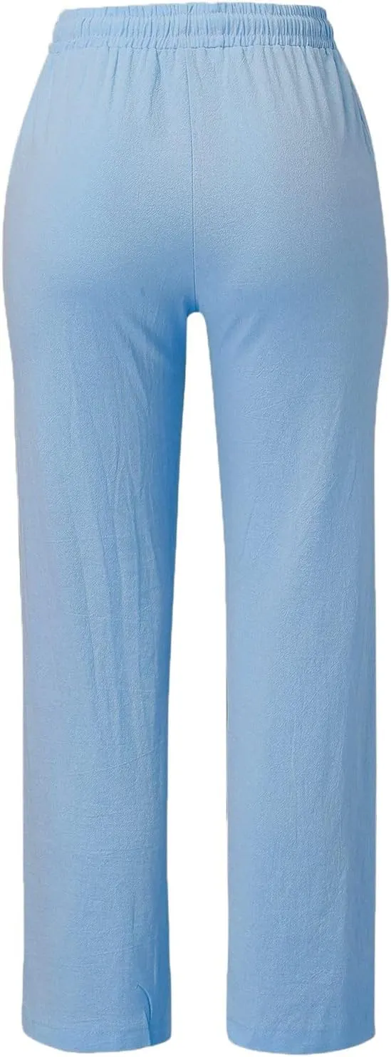 Womens High Waist Casual Linen Pants Drawstring Straight Leg Beach Pants Elastic Waist Lounge Trousers with Pockets