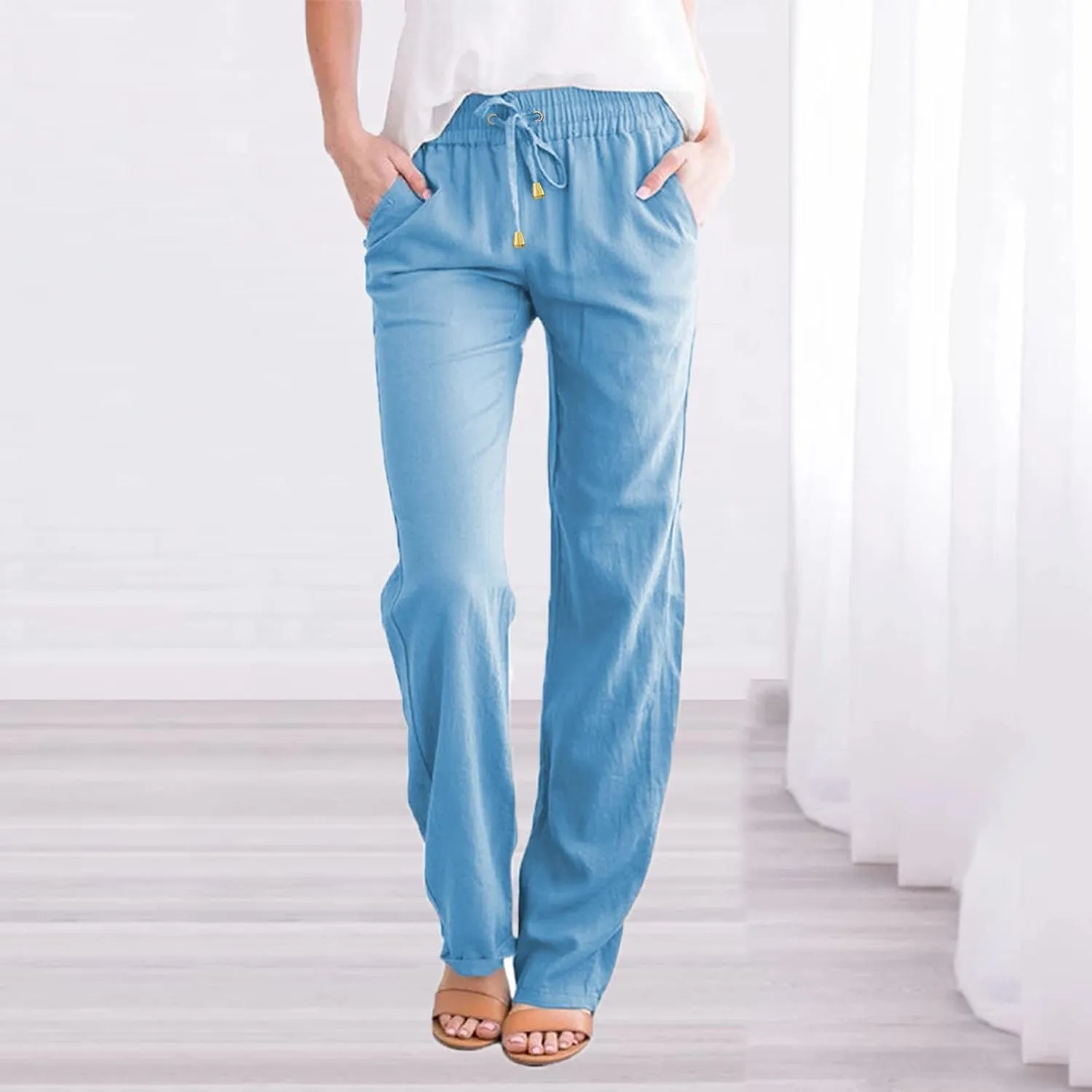 Womens High Waist Casual Linen Pants Drawstring Straight Leg Beach Pants Elastic Waist Lounge Trousers with Pockets