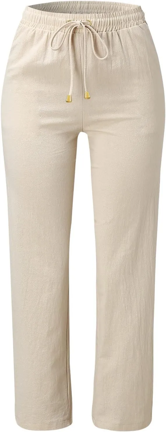 Womens High Waist Casual Linen Pants Drawstring Straight Leg Beach Pants Elastic Waist Lounge Trousers with Pockets