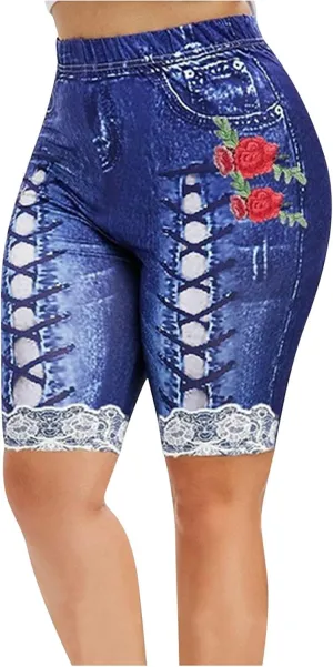 Womens High Waisted Casual Denim Shorts Plus Size Printed Lace Trim Skinny Jeans Shorts Stretch Comfy Bermuda Shorts