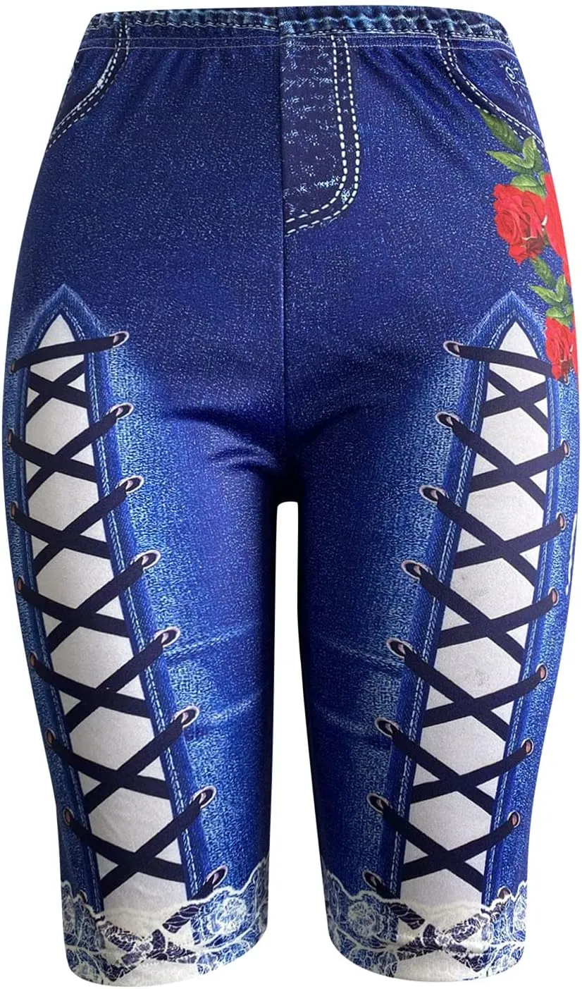 Womens High Waisted Casual Denim Shorts Plus Size Printed Lace Trim Skinny Jeans Shorts Stretch Comfy Bermuda Shorts