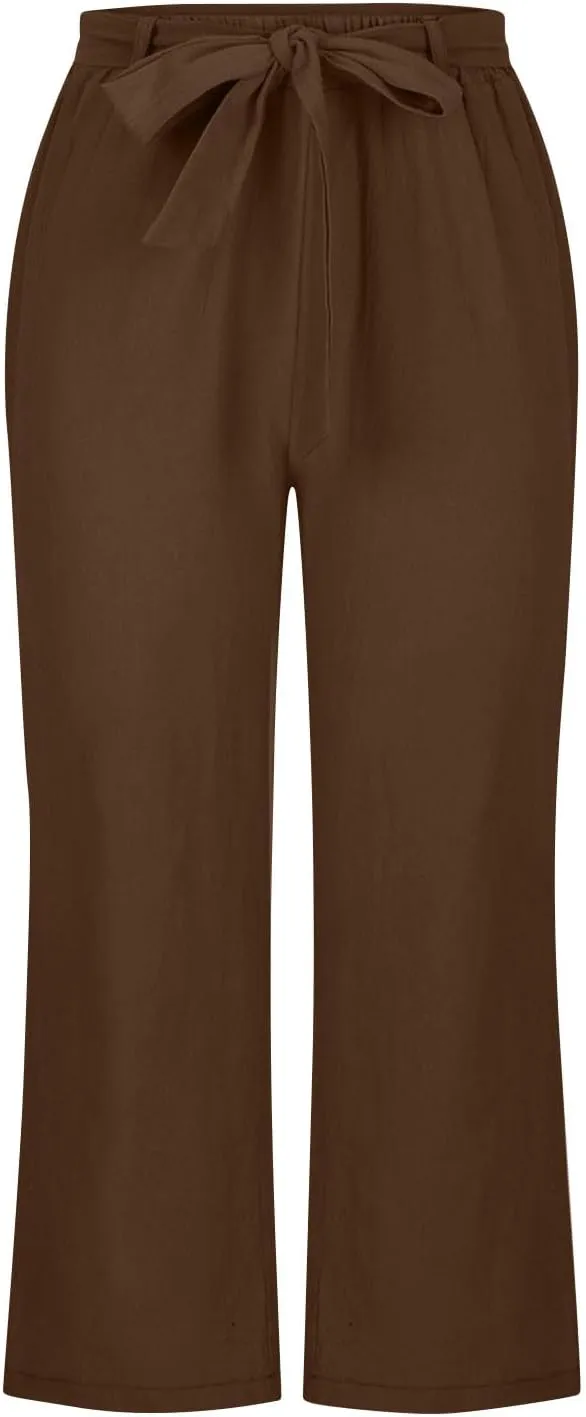 Women's Imitation Cotton and Linen Pants Elastic Waist Drawstring Capri Pants with Pockets Straight Leg Trousers