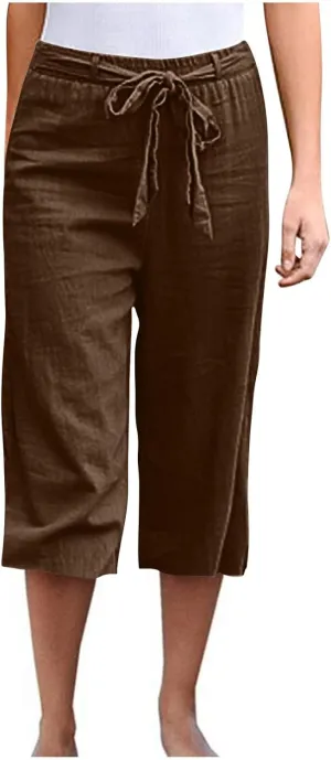 Women's Imitation Cotton and Linen Pants Elastic Waist Drawstring Capri Pants with Pockets Straight Leg Trousers