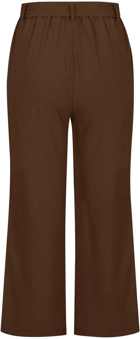 Women's Imitation Cotton and Linen Pants Elastic Waist Drawstring Capri Pants with Pockets Straight Leg Trousers