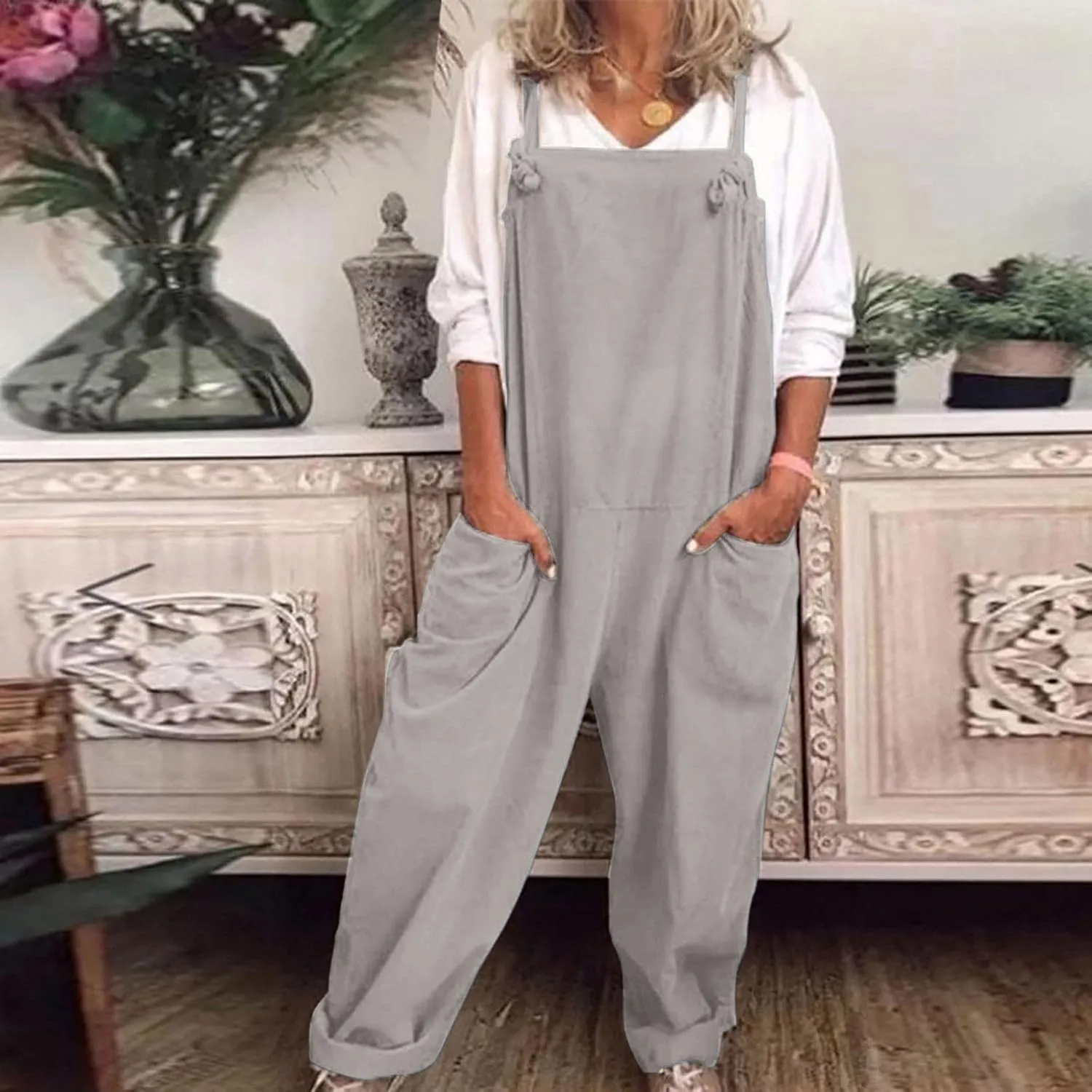 Womens Jumpsuit Neck Sleeveless Jumpsuits Spaghetti Strap Baggy Overalls Harem Pants With Pocket Womens Overalls