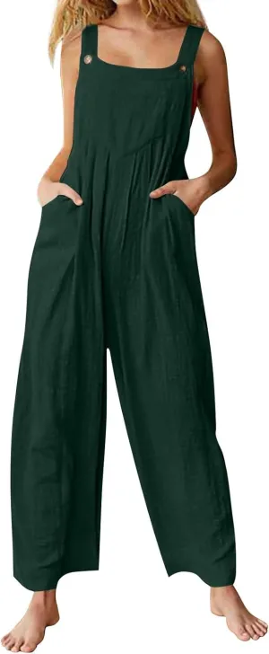 Women's Jumpsuits Casual Loose Outfits Vintage Beach Overalls with Pockets 2025 Spring Summer Palazzo Rompers