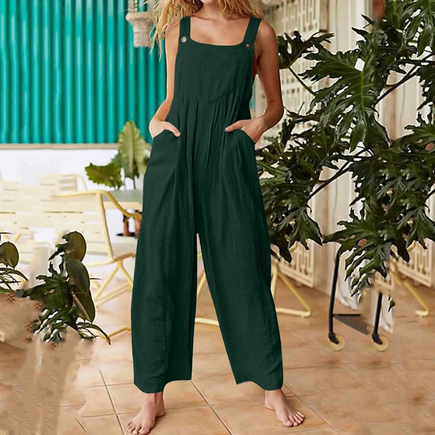 Women's Jumpsuits Casual Loose Outfits Vintage Beach Overalls with Pockets 2025 Spring Summer Palazzo Rompers