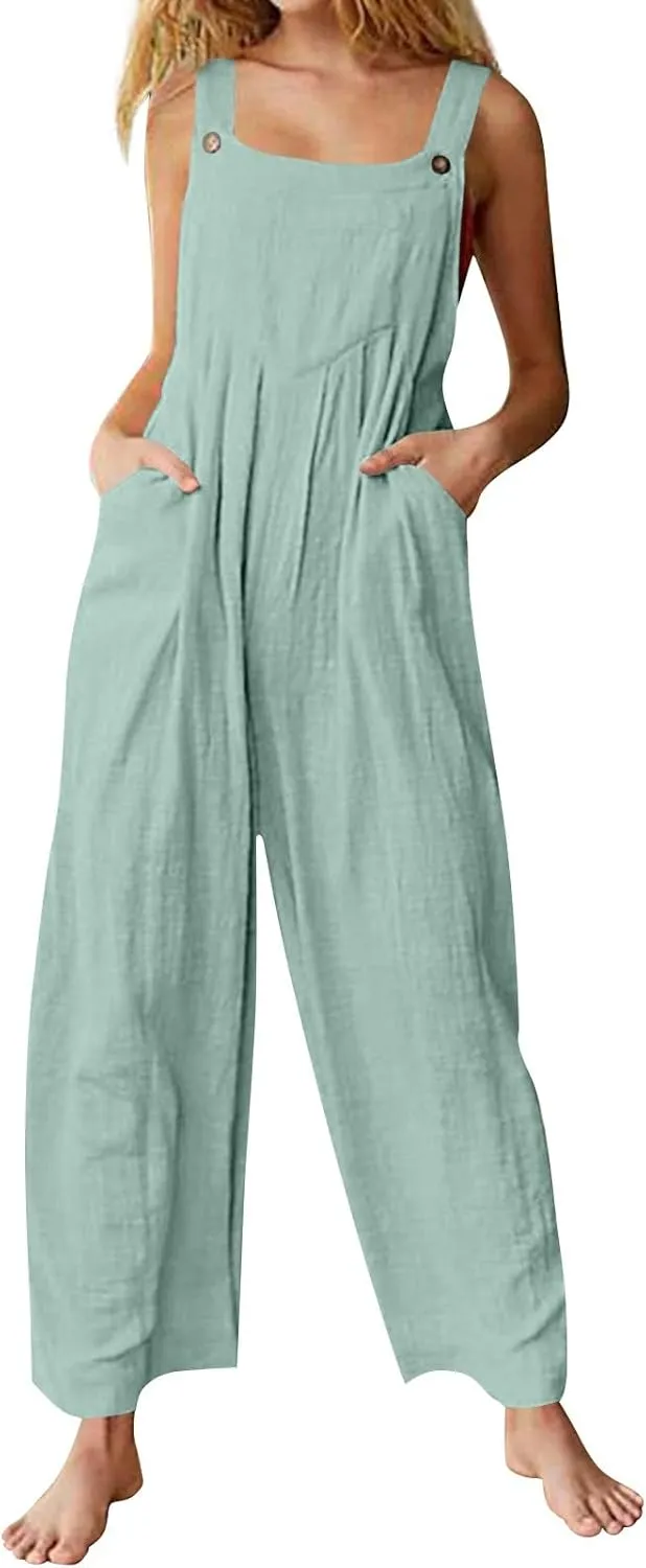 Women's Jumpsuits Casual Loose Outfits Vintage Beach Overalls with Pockets 2025 Spring Summer Palazzo Rompers