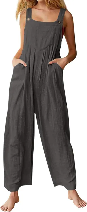 Women's Jumpsuits Casual Loose Outfits Vintage Beach Overalls with Pockets 2025 Spring Summer Palazzo Rompers