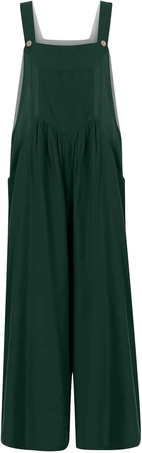 Women's Jumpsuits Casual Loose Outfits Vintage Beach Overalls with Pockets 2025 Spring Summer Palazzo Rompers