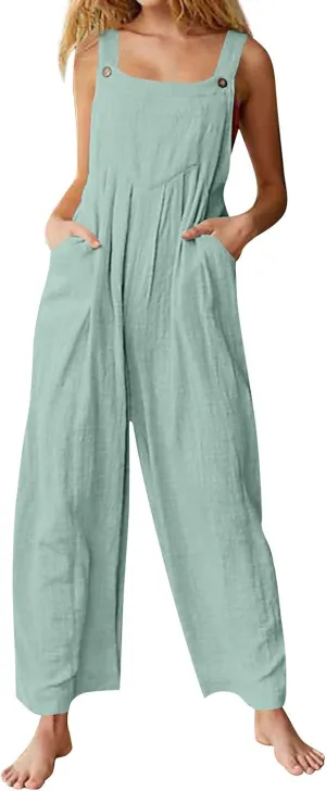 Women's Jumpsuits Casual Loose Outfits Vintage Beach Overalls with Pockets 2025 Spring Summer Palazzo Rompers