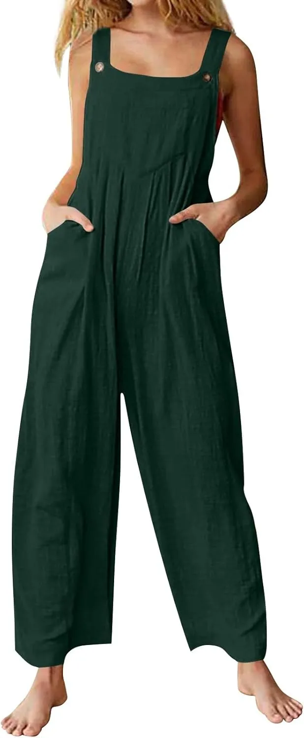 Women's Jumpsuits Casual Loose Outfits Vintage Beach Overalls with Pockets 2025 Spring Summer Palazzo Rompers