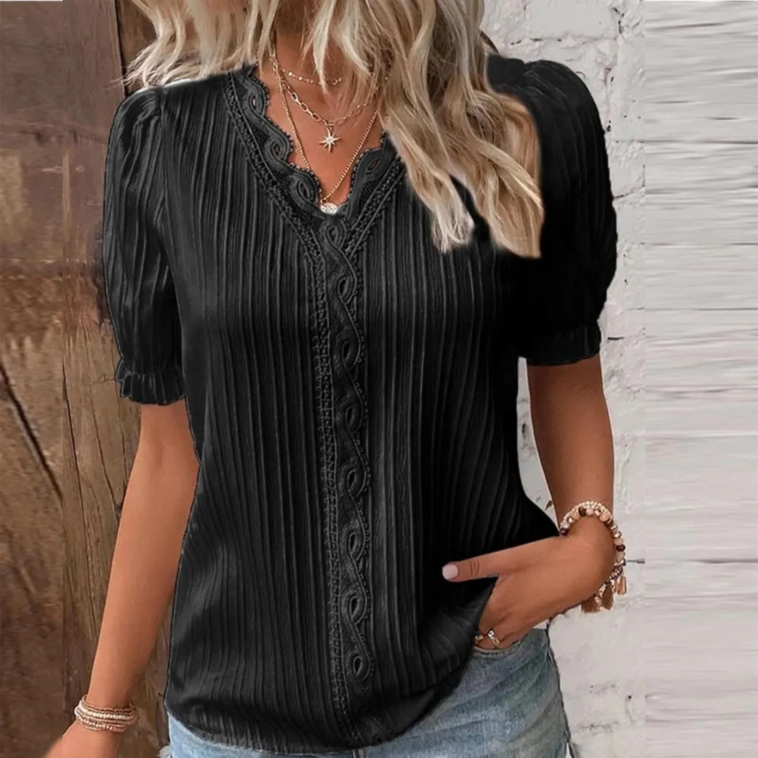 Womens Lace V Neck Shirts Fashion Plain Elegant Short Sleeve Blouses Soft Casual Workout T-Shirts Fall 2024 Trendy Tops