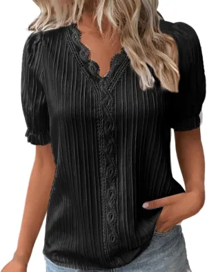 Womens Lace V Neck Shirts Fashion Plain Elegant Short Sleeve Blouses Soft Casual Workout T-Shirts Fall 2024 Trendy Tops